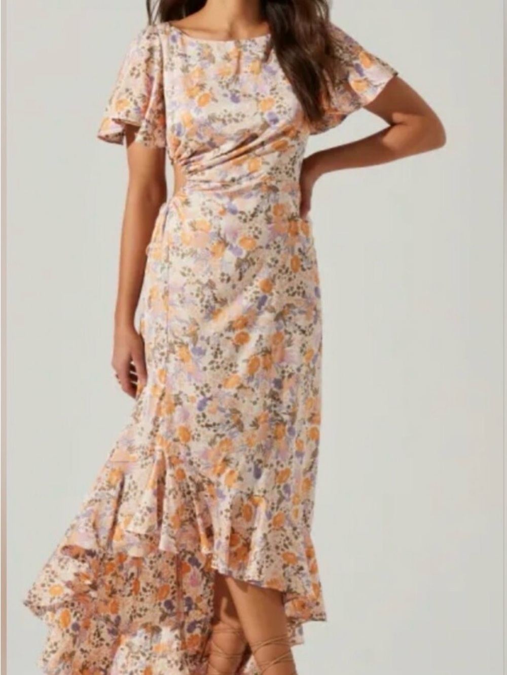 ASTR Floral Veida Ruffle High-Low Dress in Peach and Lavender